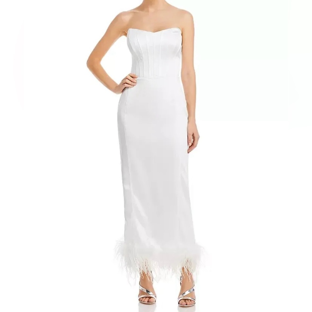 Aqua Strapless White Dress with Feather Hem